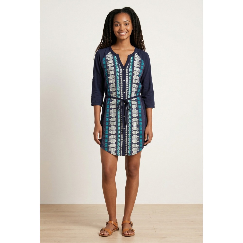 TINY Anthropolgie Womens Navy Blue Embroidered Geometric Tunic Dress - Size M